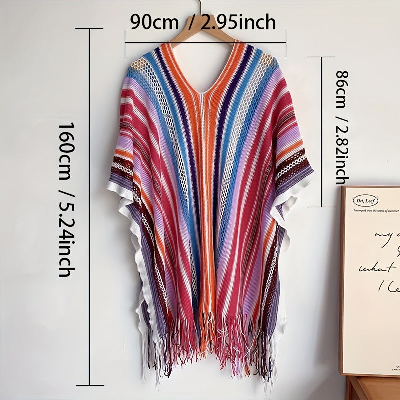 Colorful Striped Tassel Beach Cover Up V Neck 3/4 Sleeve Loose Cape