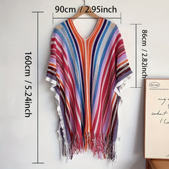 Colorful Striped Tassel Beach Cover Up V Neck 3/4 Sleeve Loose Cape