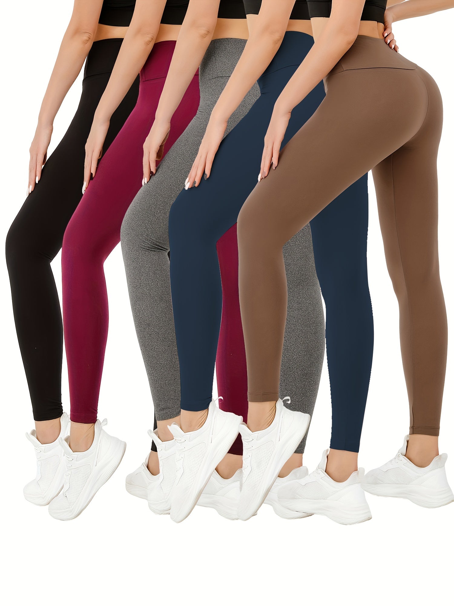 5pcs Solid Yoga Leggings Running Workout Sports Tight Pants Women's Activewear