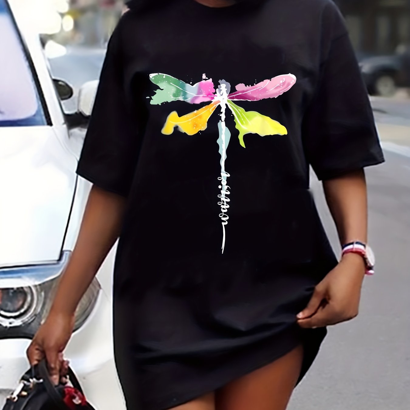 Dragonfly Print Short Sleeve Tee Dress