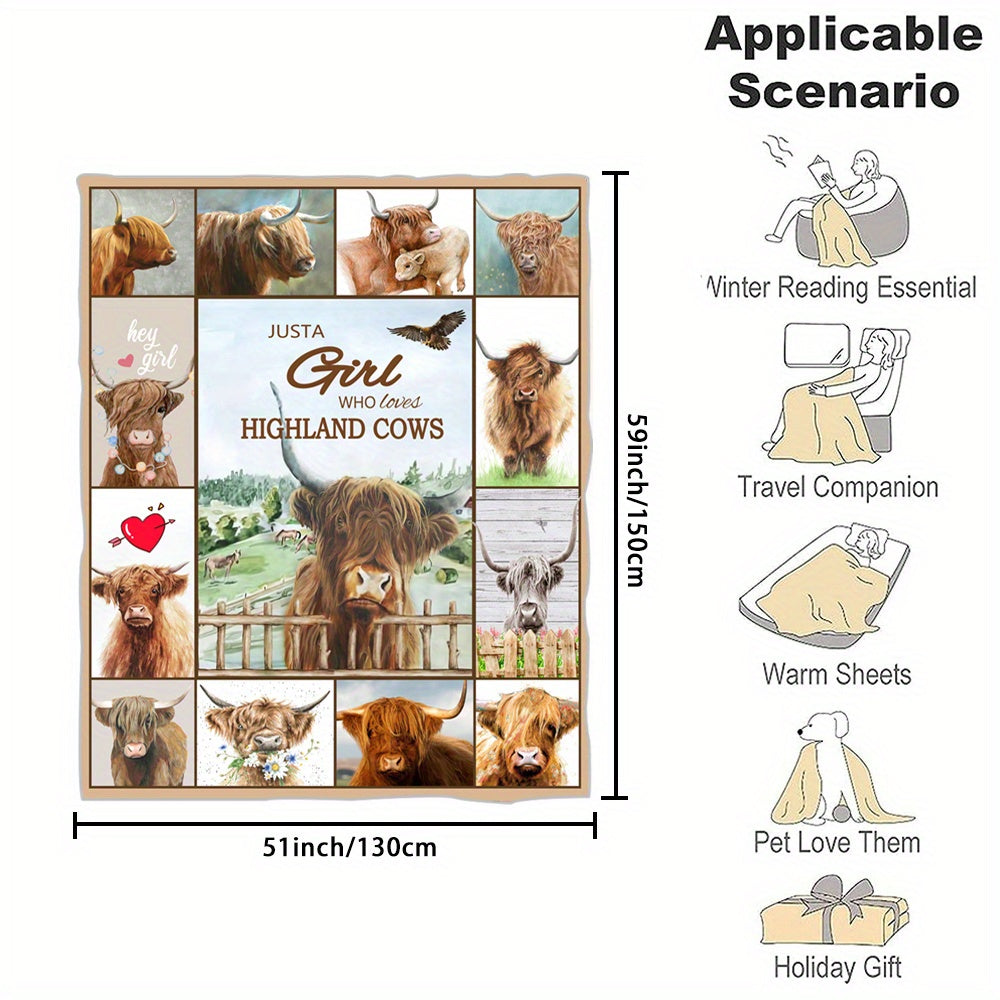 Scottish Highland Cow Flannel Blanket for Couch Bed Sofa Camping Traveling