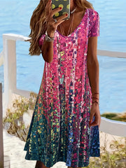 Boho V Neck Short Sleeve Dress Women's Clothing