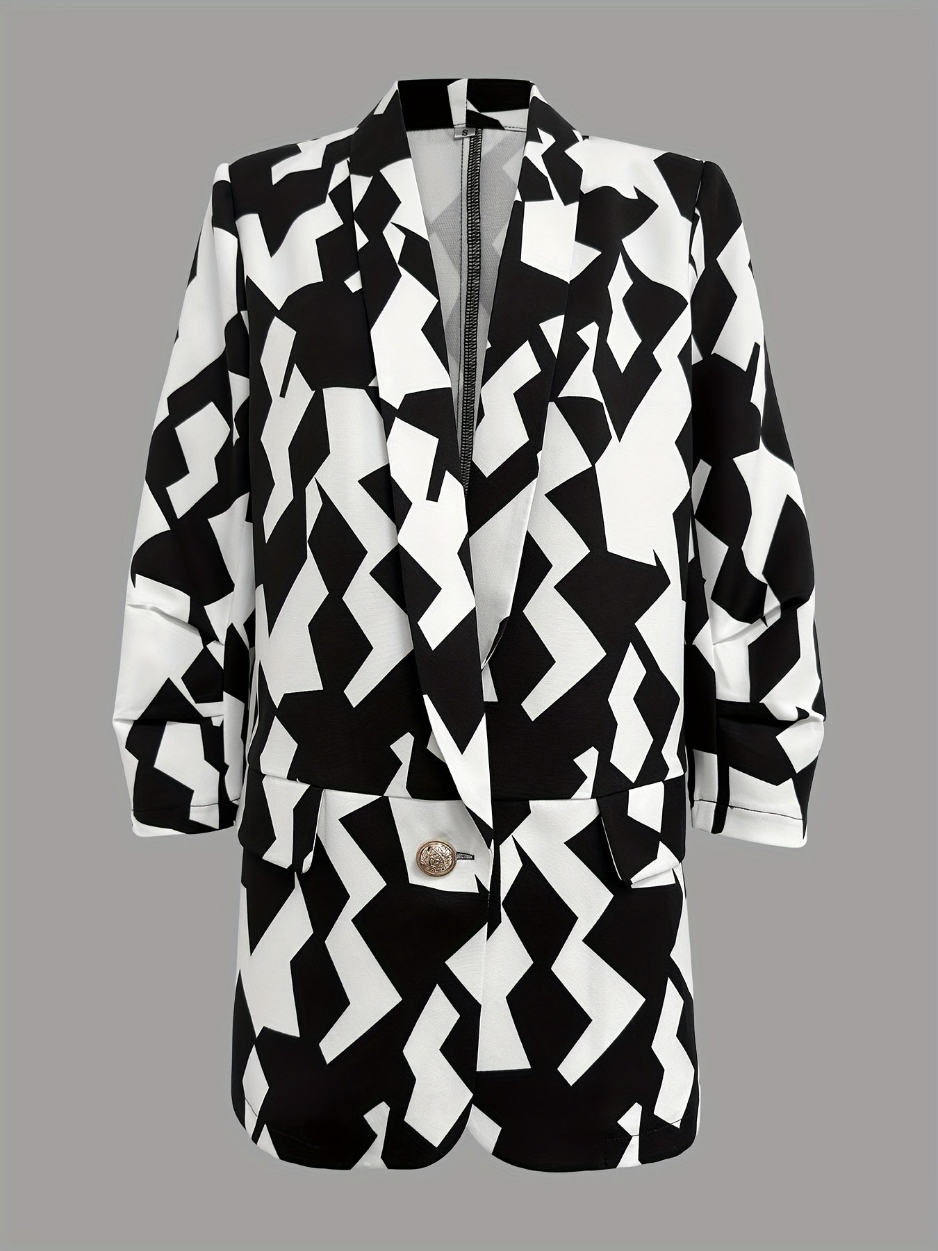 Geo Print Ruched Blazer Open Front Outerwear Women's Clothing