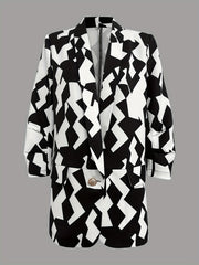 Geo Print Ruched Blazer Open Front Outerwear Women's Clothing