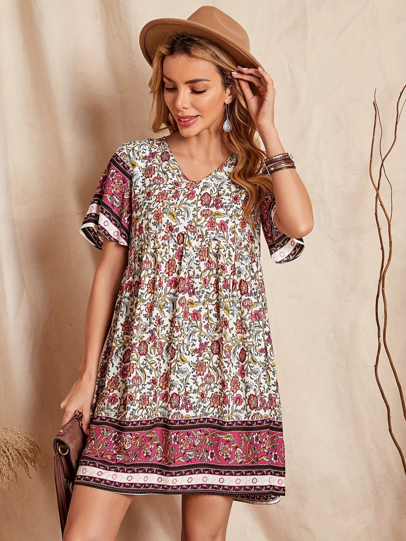 Floral Print V Neck Short Sleeve Dress for Summer