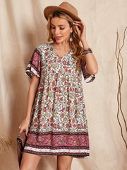 Floral Print V Neck Short Sleeve Dress for Summer
