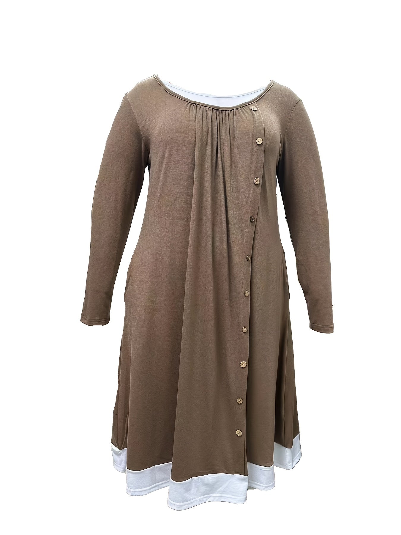 Colorblock Button Decor Long Sleeve Dress