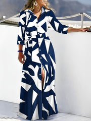 Geometric Print Long Sleeve Shirt Dress With Belt