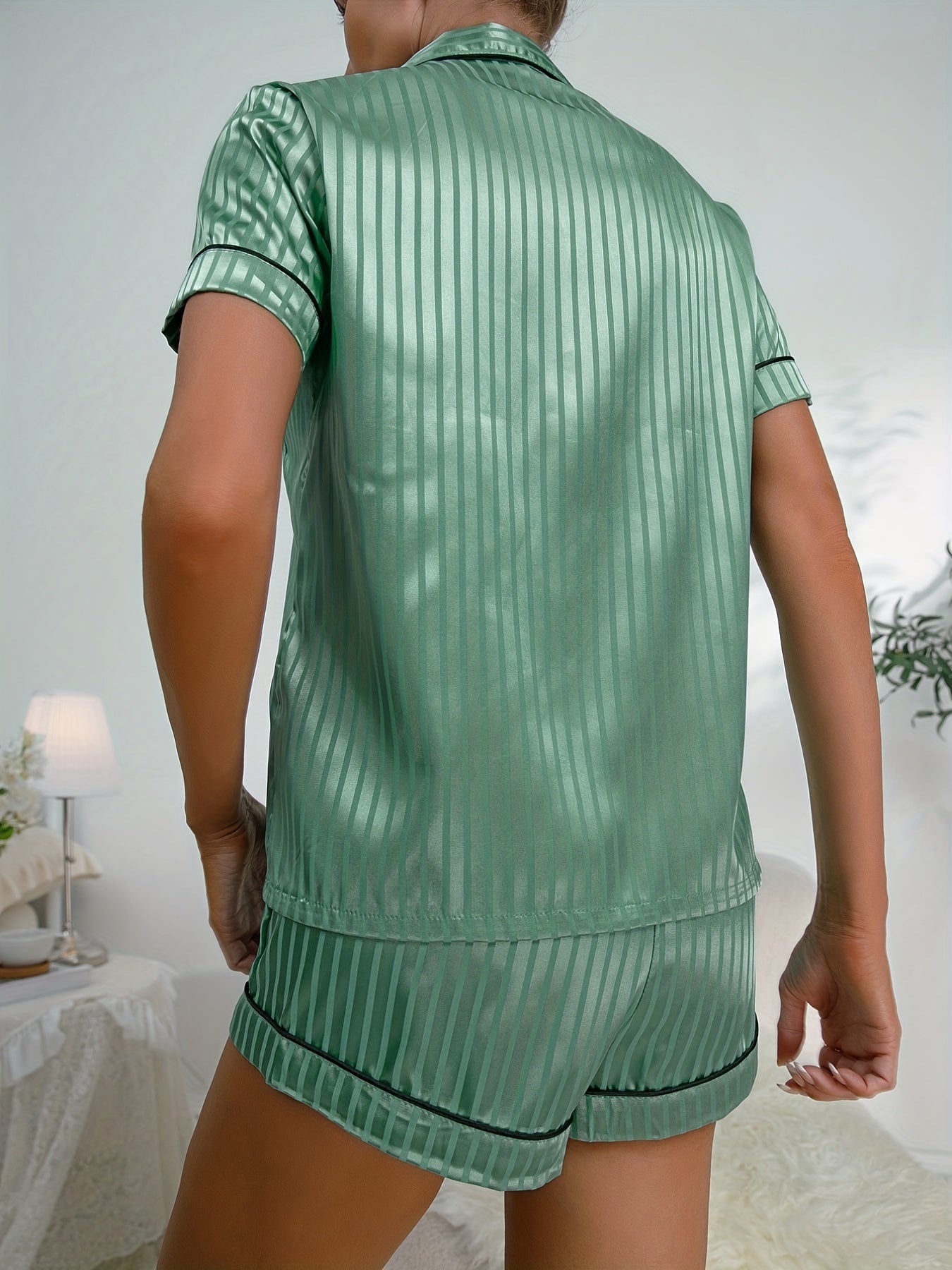 Stripe Print Pajama Set Short Sleeve Button Up Top & Elastic Waistband Shorts