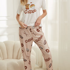 Coffee Print Pajama Set Short Sleeve Top & Pants Women's Sleepwear