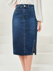 Solid High Rise Midi Denim Skirt