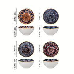 Bohemian Ceramic Rice Bowls Set of 4 Assorted Dinnerware Geometric Pattern