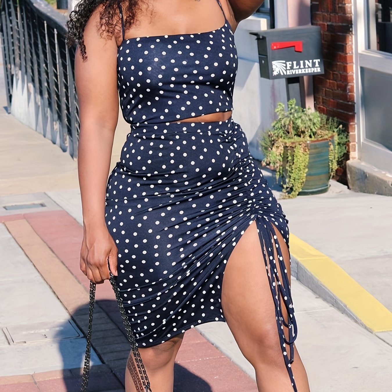Polka Dot Two piece Skirt Set Crop Cami Top & Drawstring Skirt