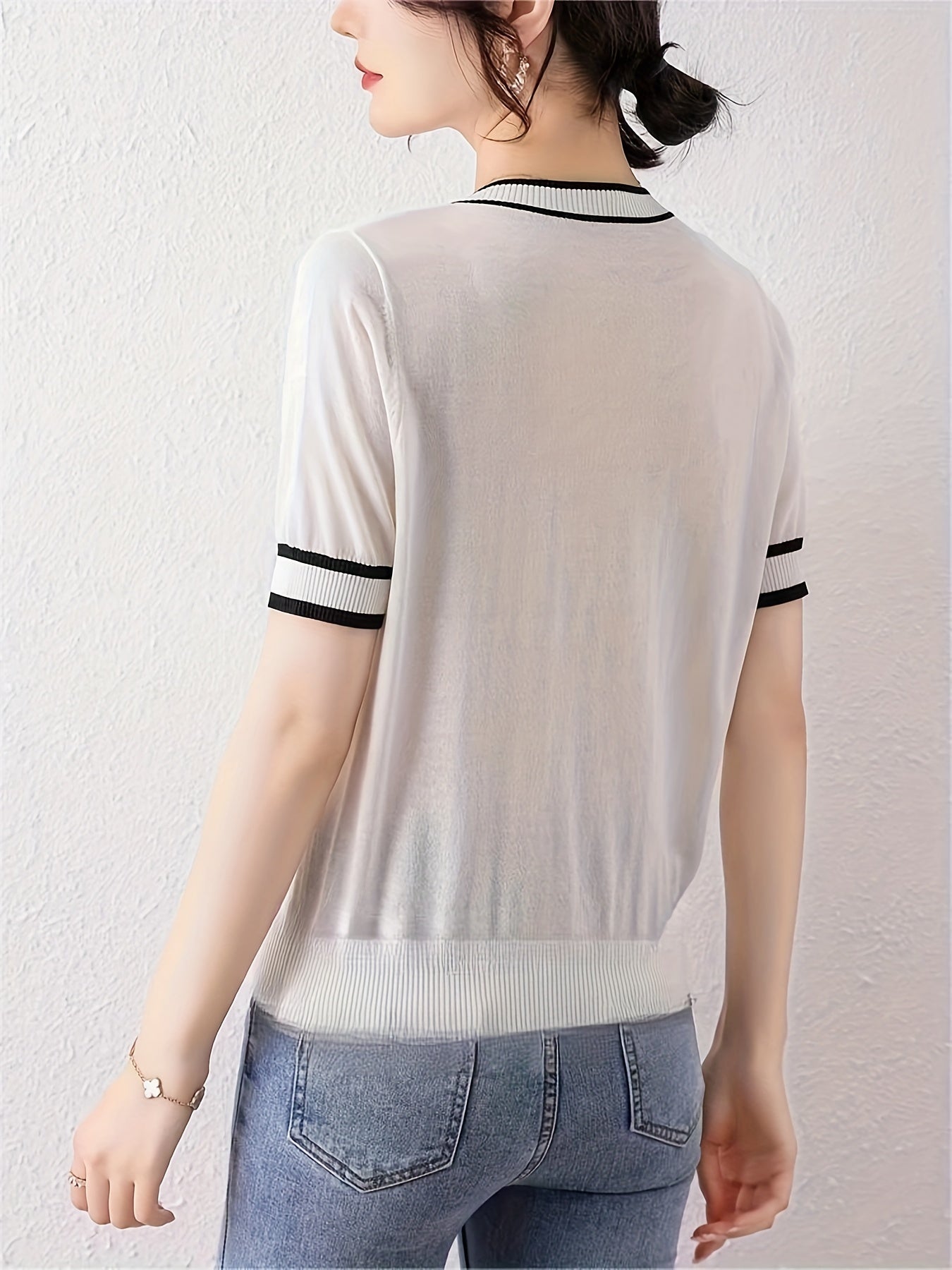 V Neck Short Sleeve Sweater Women's Clothing