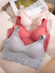 3pcs Lace Wireless Padded Bras Scallop Trim Lingerie Set