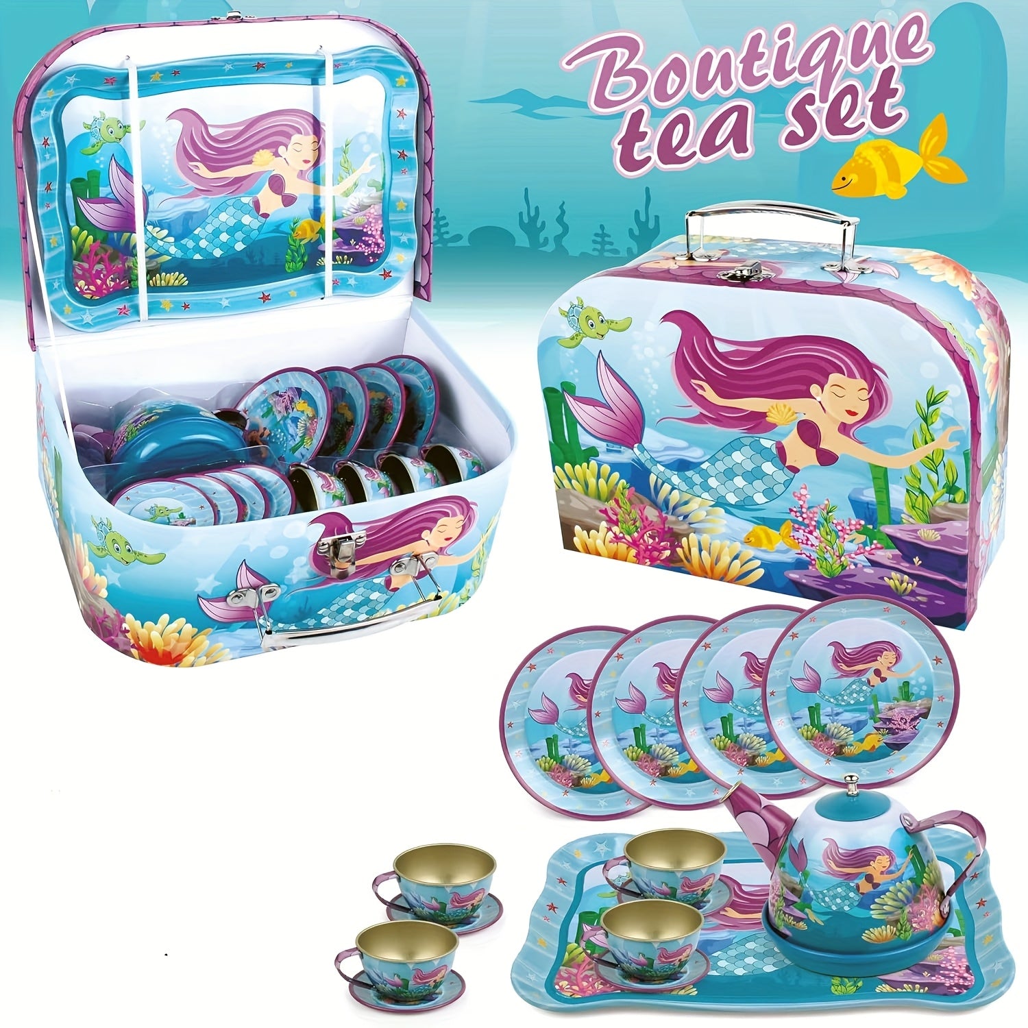 15pcs Mermaid Tea Party Set for Little Girls Pretend Tin Teapot Set