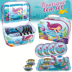 15pcs Mermaid Tea Party Set for Little Girls Pretend Tin Teapot Set