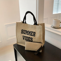 Letter Print Canvas Handbag With Coin Bag Portable Double Handle Tote Bag