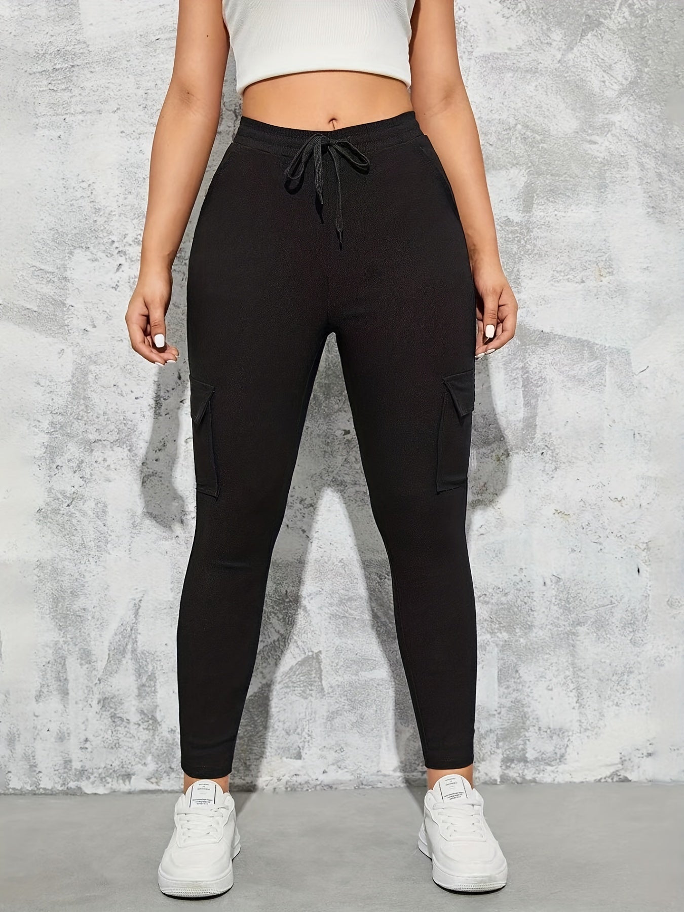 Solid Skinny Pants Drawstring Waist Flap Pocket Casual Pants