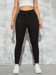 Solid Skinny Pants Drawstring Waist Flap Pocket Casual Pants