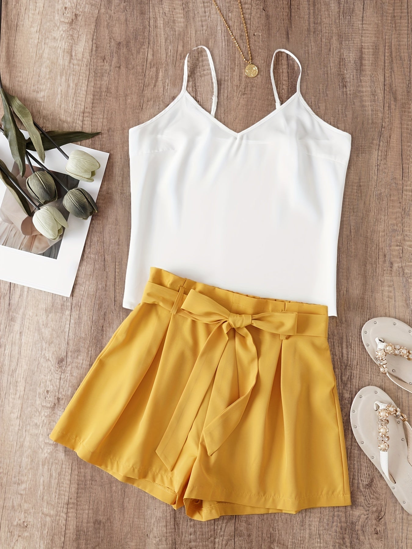 Solid V Neck Cami Top & Belted Loose Shorts Set