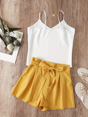 Solid V Neck Cami Top & Belted Loose Shorts Set