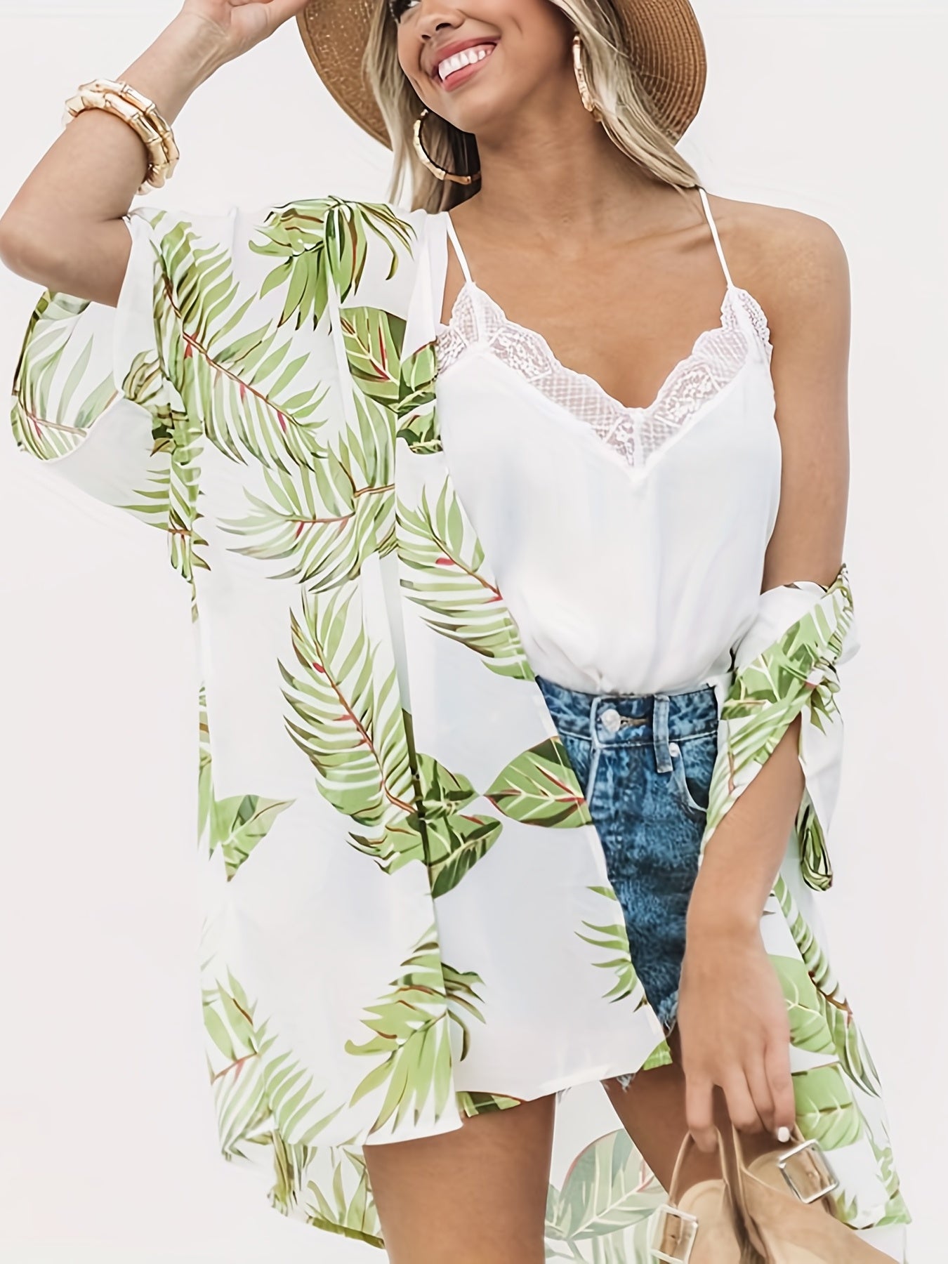 Leaf Print Cover Up Shirt V Neck Semi Sheer Half Sleeves Casual Cardigan