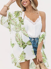 Leaf Print Cover Up Shirt V Neck Semi Sheer Half Sleeves Casual Cardigan