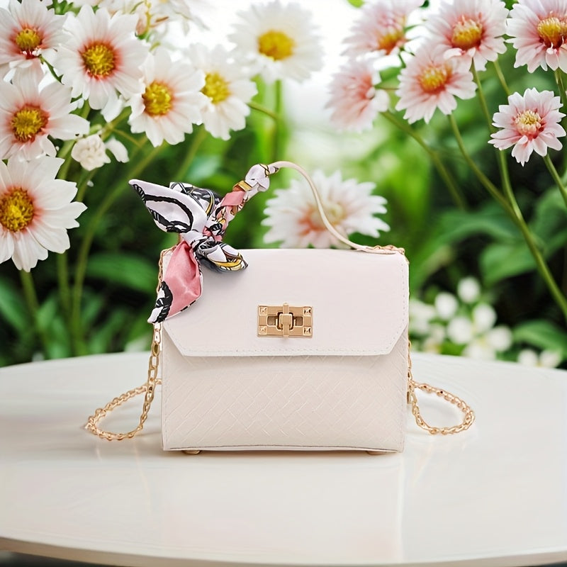 Pink Faux Leather Handbag with Geometric Pattern & Scarf Chain