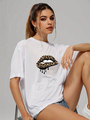 Leopard Lips Print Graphic Tee Short Sleeve Crew Neck T-shirt