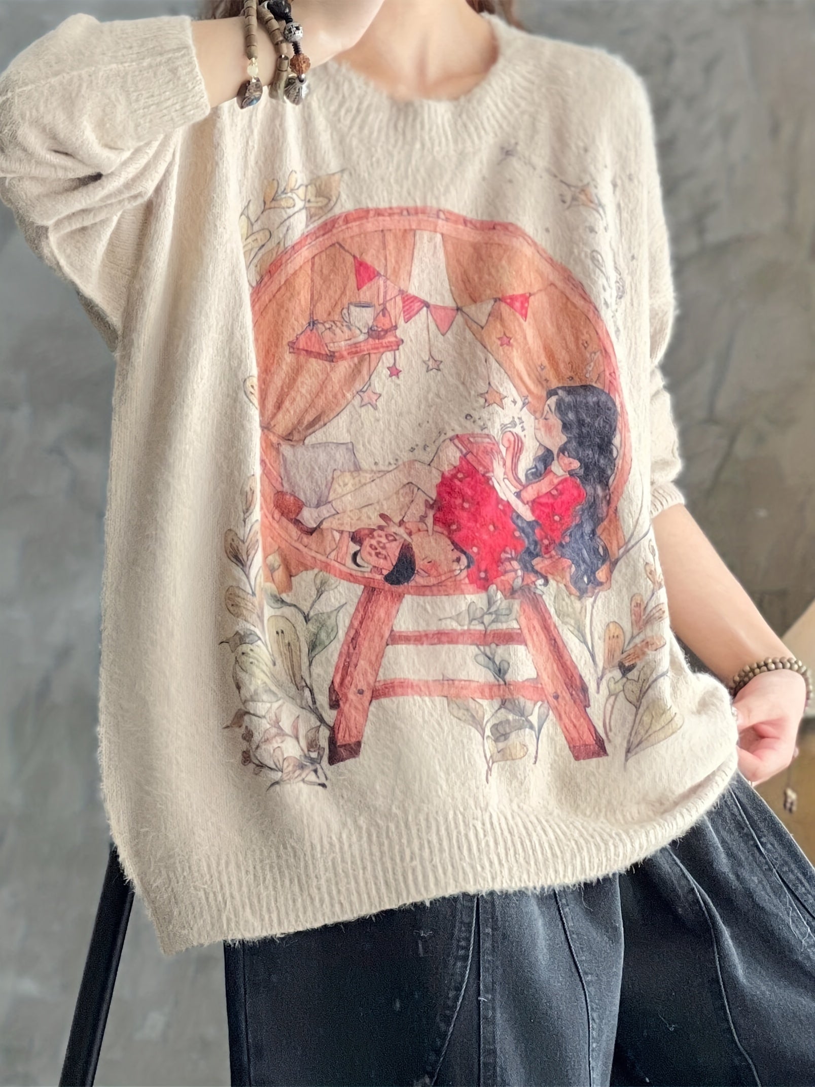 Women's Cartoon Figure Print Sweater Long Sleeve Pullover