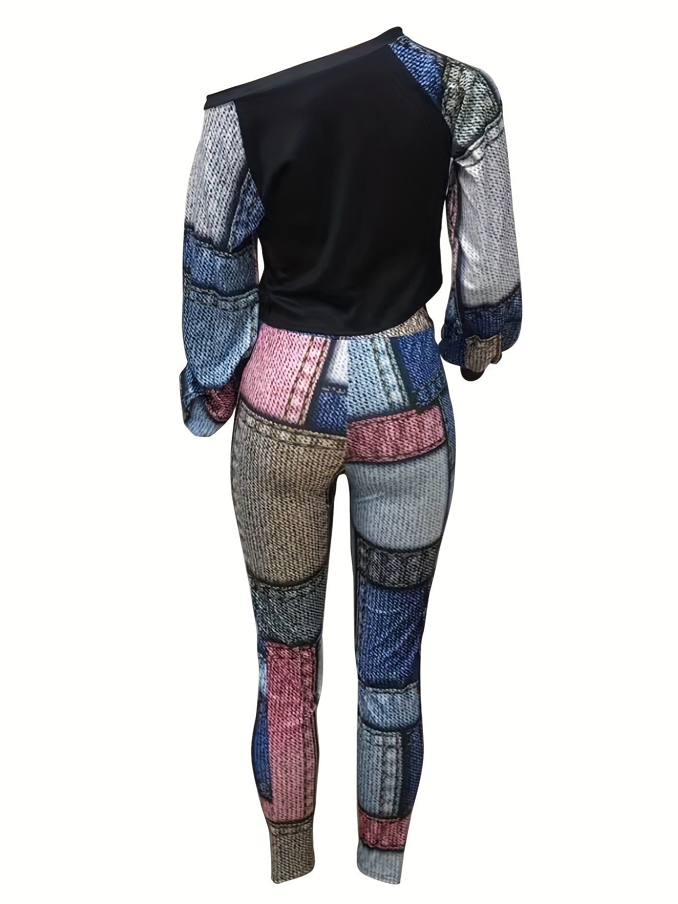 Patchwork Casual 2pc Set Long Sleeve Top & Long Pants