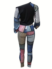 Patchwork Casual 2pc Set Long Sleeve Top & Long Pants