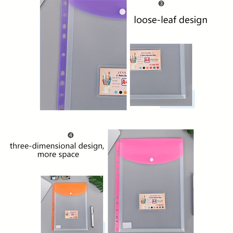 A4 11-Hole Snap File Bag, Colorful Transparent Storage Bag