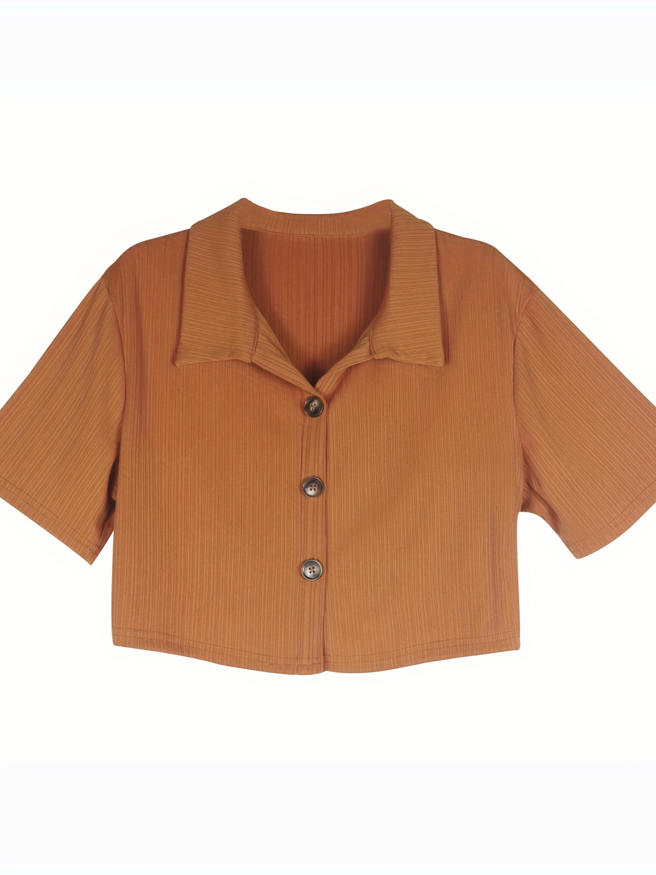 Plus Ribbed Short Sleeve Button Crop Shirt & Pants Outfit