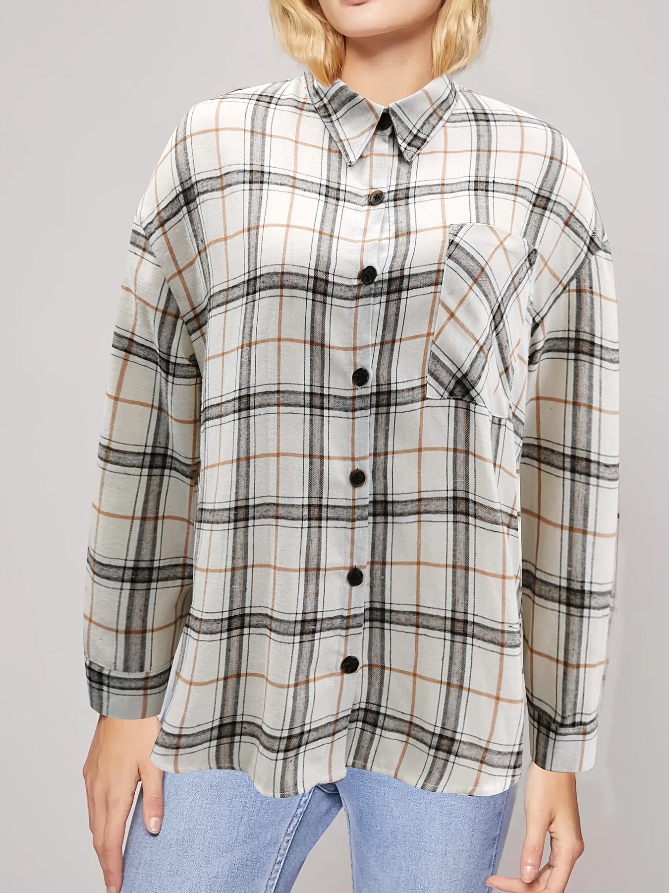 Plaid Button Front Plus Size Blouse Women's Gingham Shirt