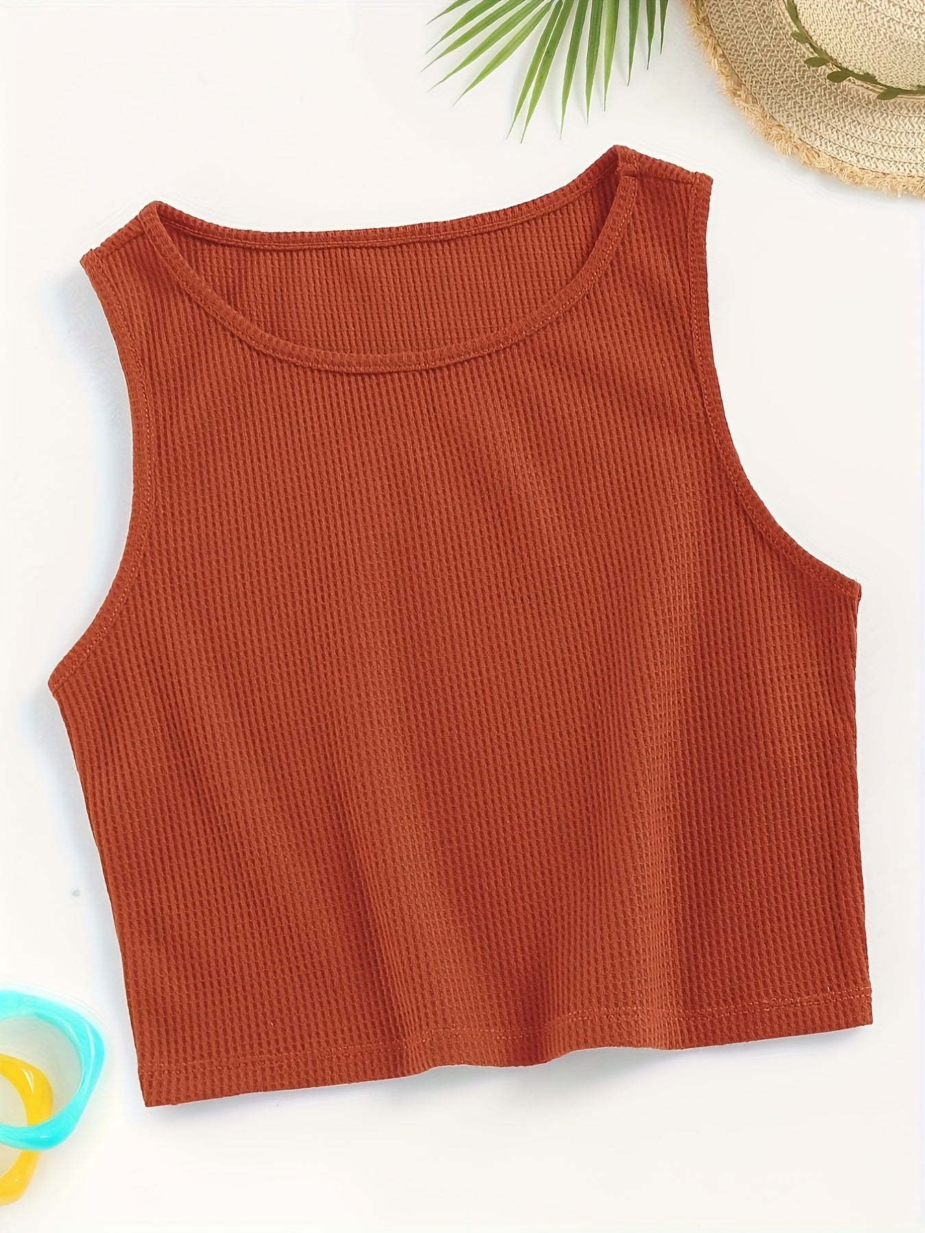 Waffle Solid Tank Top Sleeveless Crew Neck Casual & Comfy Women's Lingerie