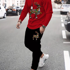Christmas Deer Pattern Mens Outfit Long Sleeve T shirt And Sweatpants Set