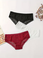 3pcs Lace Briefs Comfy Scallop Trim Panties Lingerie & Underwear