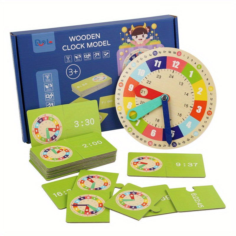 Montessori Wooden Clock Model with Cards - Teaching Aid for Kindergartners