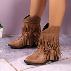 Tassel Boots Slip On Chunky Heel Ankle Boots