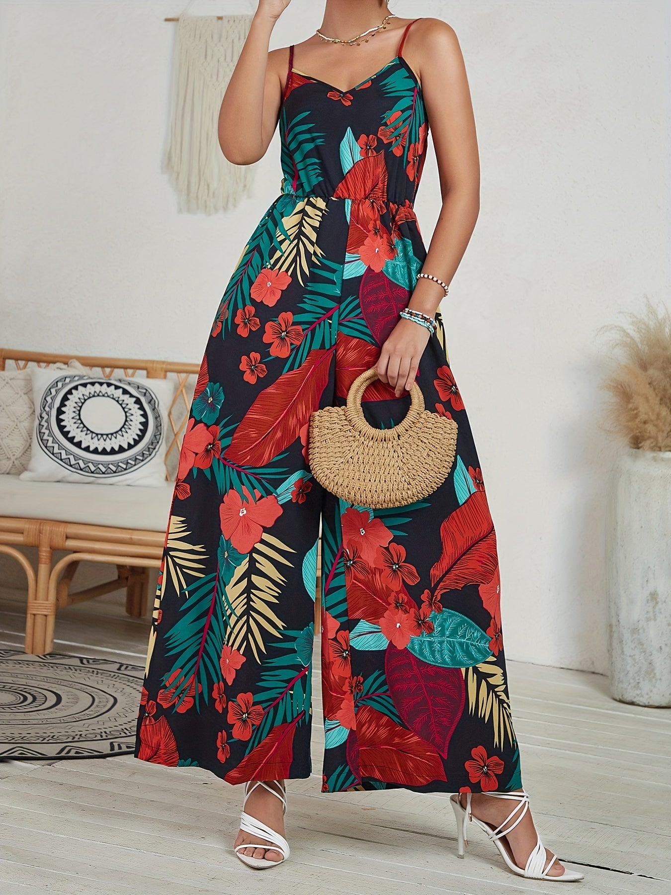 Tropical Print Spaghetti Jumpsuit Boho Wide Leg Sleeveless Summer Jumpsuit