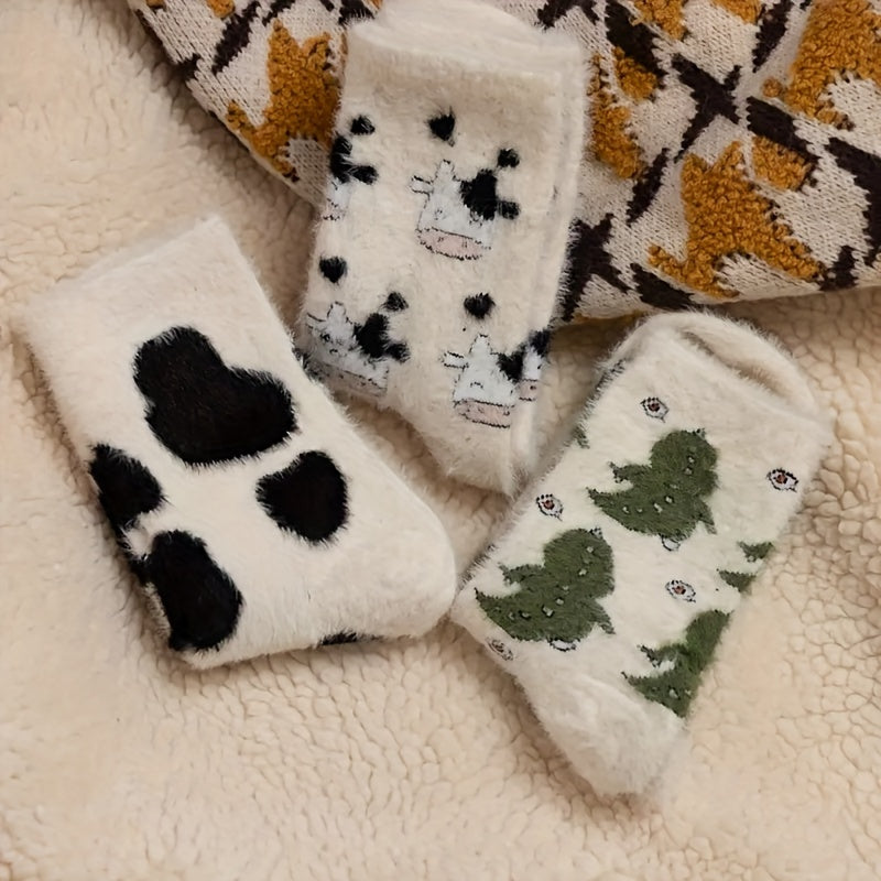 3 Pairs Cow & Dinosaur Print Socks Women's Stockings