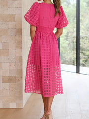 Windowpane Solid Lantern Sleeve Midi Dress