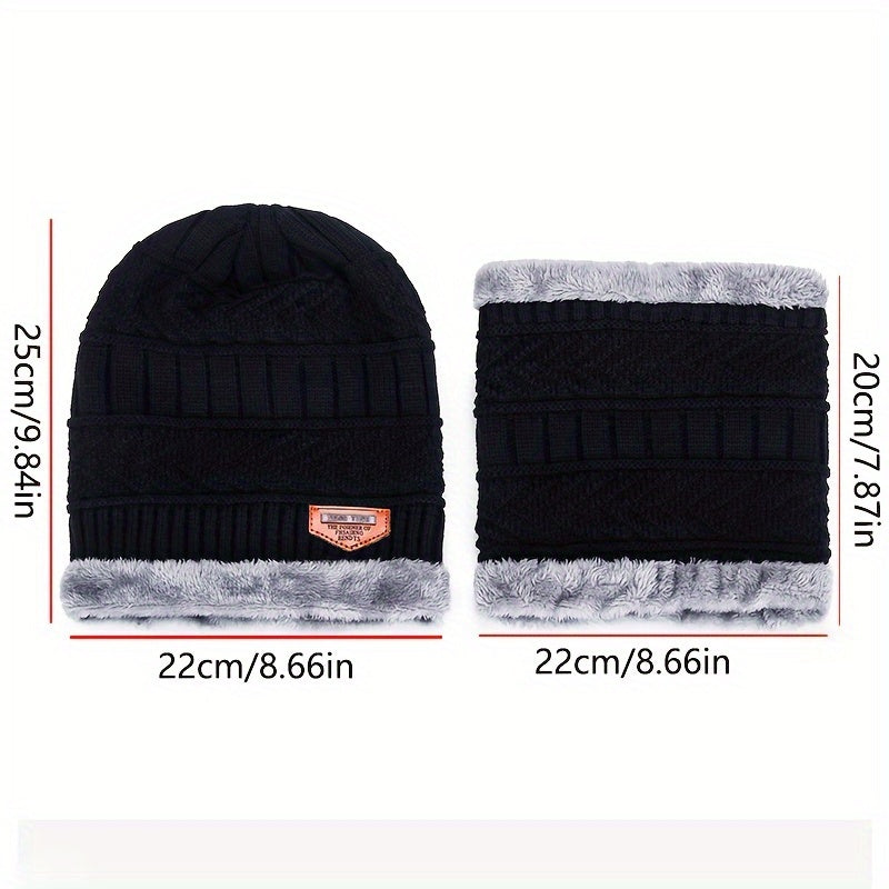 Winter Warm Hat & Neck Scarf Set Thick Knitted Beanie Velvet Lined Hats