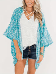 Floral Print Cover Up Shirt Long Sleeves Loose Fit V Neck Semi Sheer Kimono
