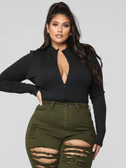 Sexy Bodysuit Ribbed Zipper Long Sleeve Round Neck Skinny
