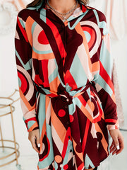Colorblock Geo Print Polo Neck Shirt Dress With Belt