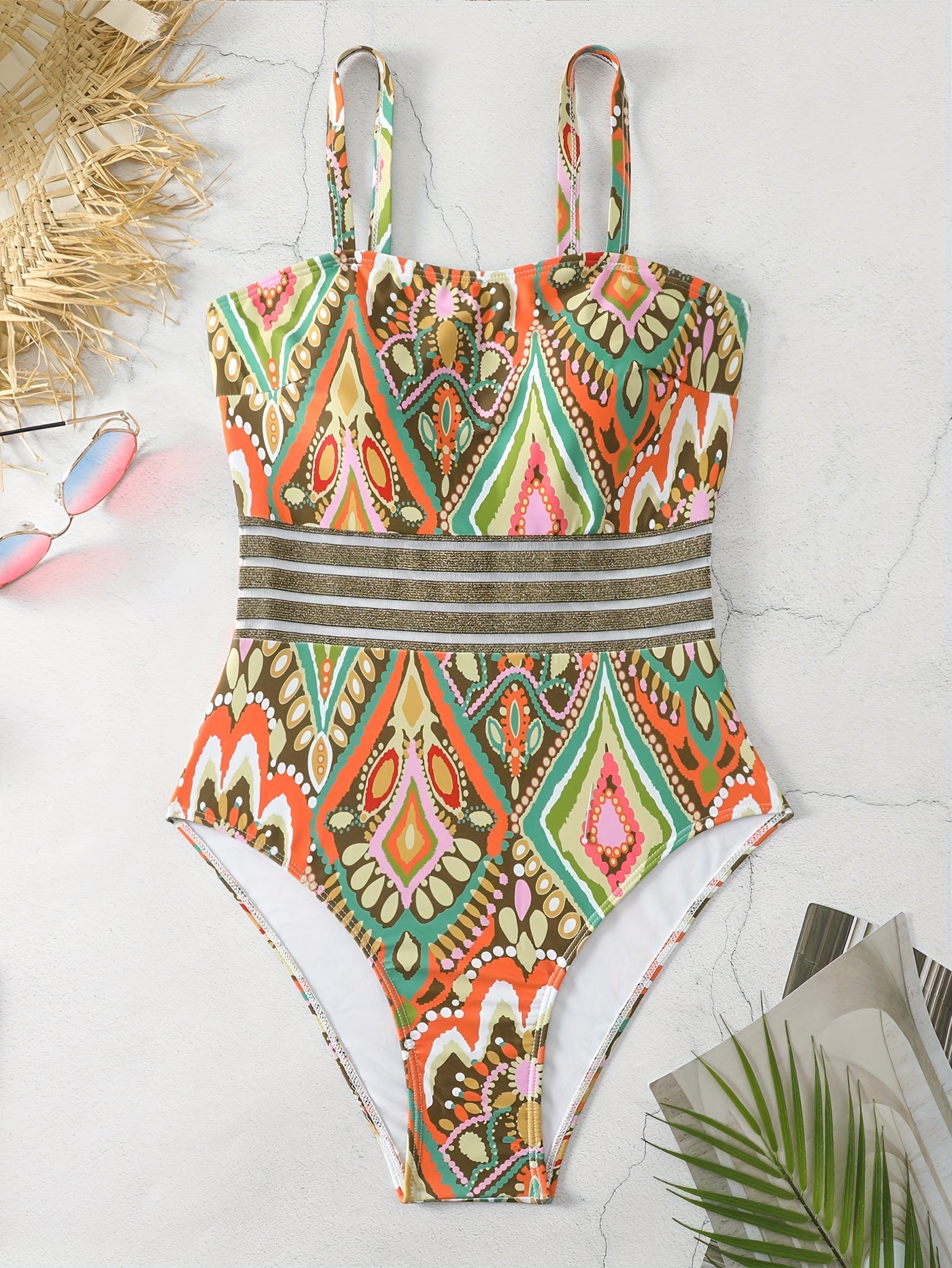 One Piece Swimsuit Graphic Print Mesh Padded Bathing Suit