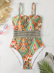 One Piece Swimsuit Graphic Print Mesh Padded Bathing Suit